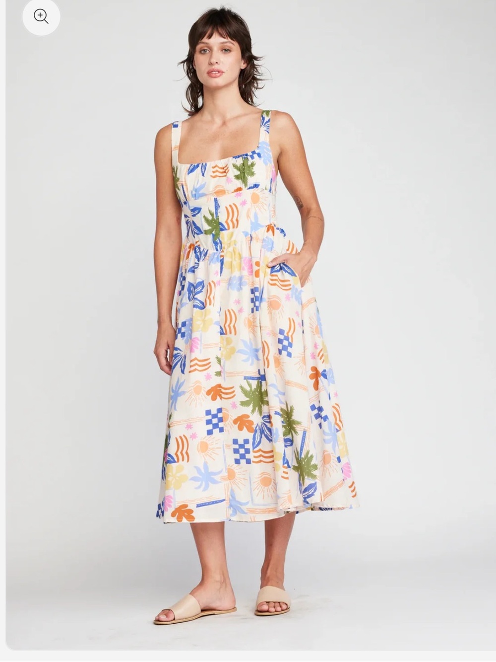 Self Contrast Women’s Shea Midi Sun Dress Size Small Tropical Cotton Pockets